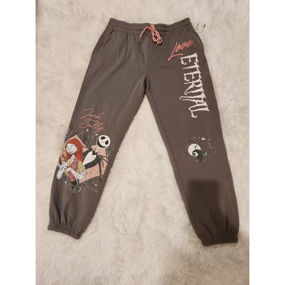 Disney Nightmare Before Christmas Jack Sally Love Eternal Gray Joggers Large NWT